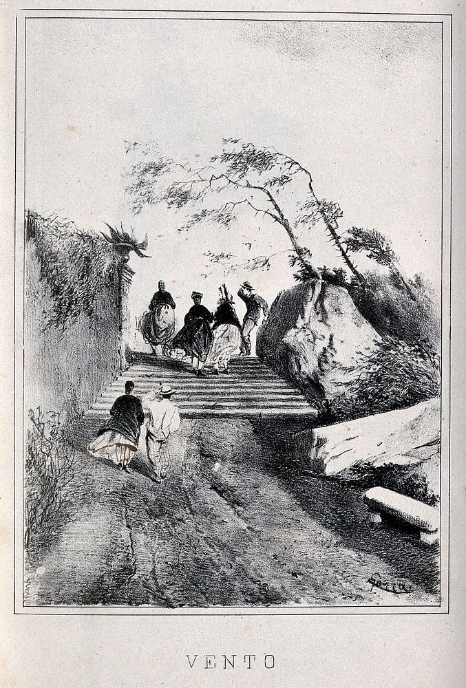 A group of people walking in a windy weather. Lithograph by G. Gorra, 18--.
