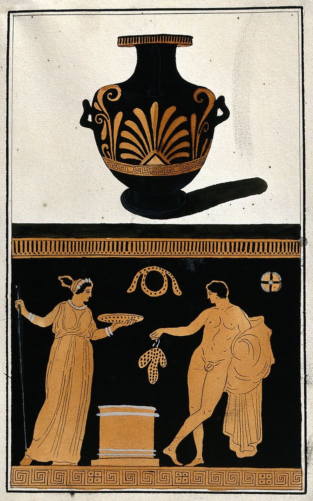 Above, red-figured Greek water jar (hydria) decorated with a palm motif; below, detail of decoration showing a naked man and…
