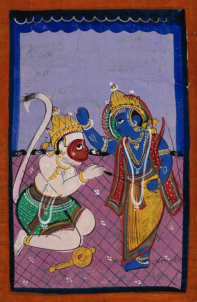 Hanuman kneeling before Rama. Gouache drawing.