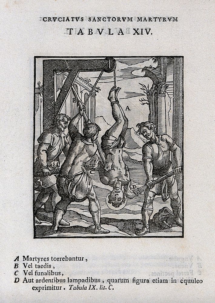 Martyrdom of a male saint, hanged and tortured with fire. Woodcut.