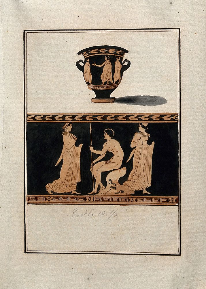 Above, red-figured Greek wine bowl (bell-krater); below, detail of decoration showing two women and a naked man, seated and…