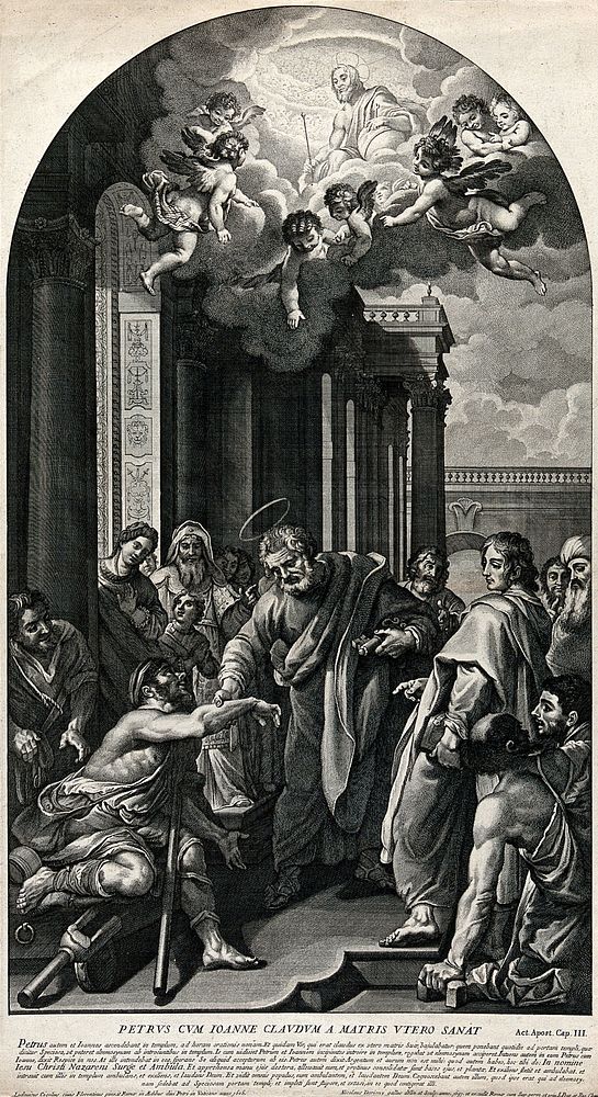 Saint Peter and Saint John healing the lame at the temple gate, above the vision of Christ in heaven. Etching by N. Dorigny…