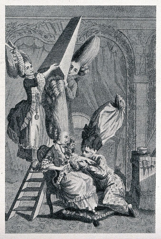A woman having her extraordinarily high wig covered with a protective cone by a maidservant and hair-dresser mounting a step…