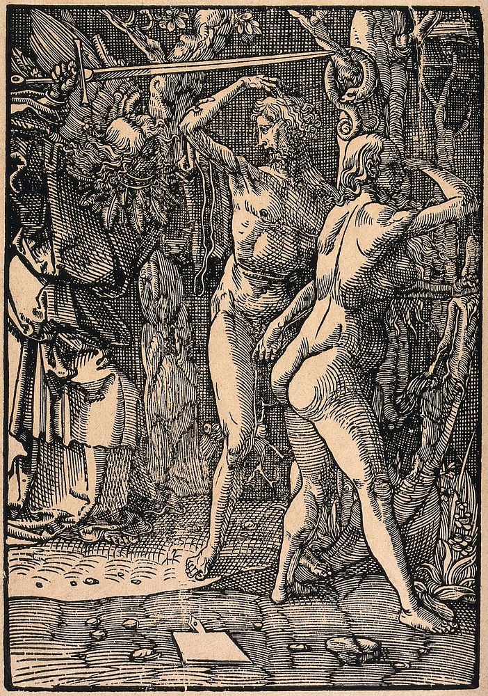 Adam and Eve are expelled from Eden by a sword-bearing angel. Woodcut.