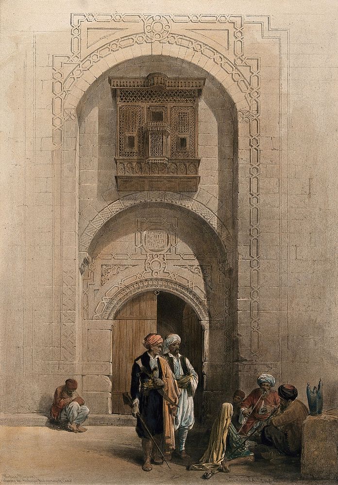 Doorway to an Arabian mansion, with men smoking outside, Cairo, Egypt. Coloured lithograph by Louis Haghe after David…