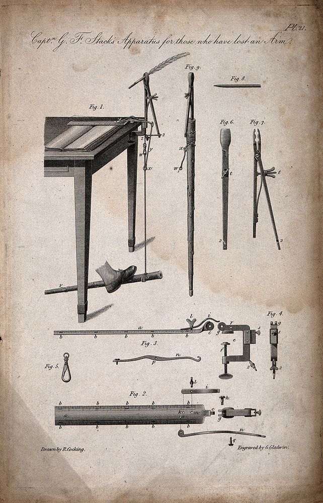 A mechanism to enable an armless person to write with a pen by operating a treadle with the foot. Engraving by G. Gladwin…