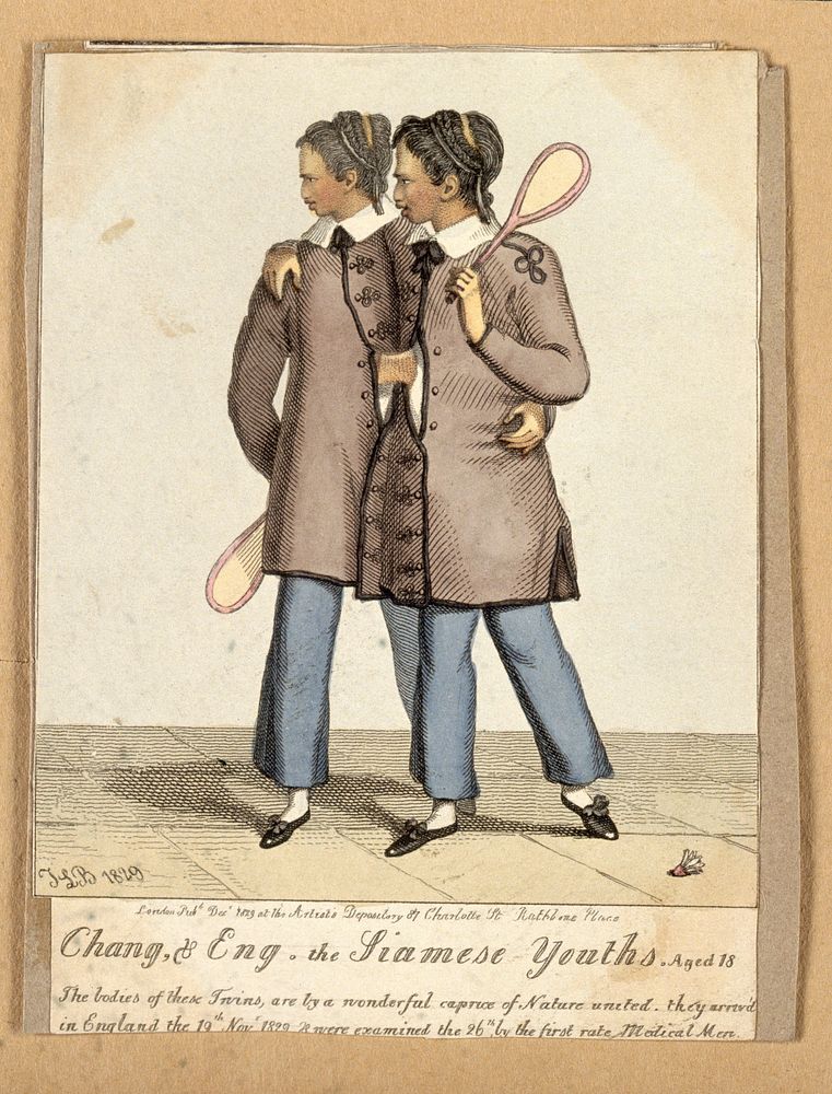 Chang and Eng the Siamese twins, aged eighteen, with badminton rackets. Coloured engraving by JLB, 1829.