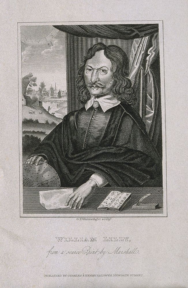 William Lilly. Line engraving by G. P. Wainwright, 1822, after W. Marshall, 1659.