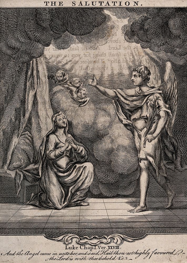 The announcing angel salutes the Virgin. Engraving.
