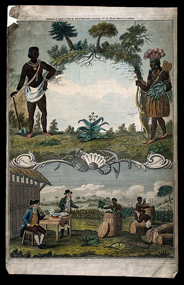 A tobacco plantation with workers, a Mexican Indian  and two European masters. Coloured engraving, c. 1821.