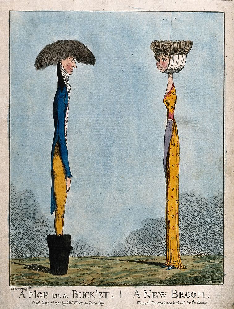 A man represented as a mop; a woman as a broom. Coloured etching after J. Gearing, 1801.