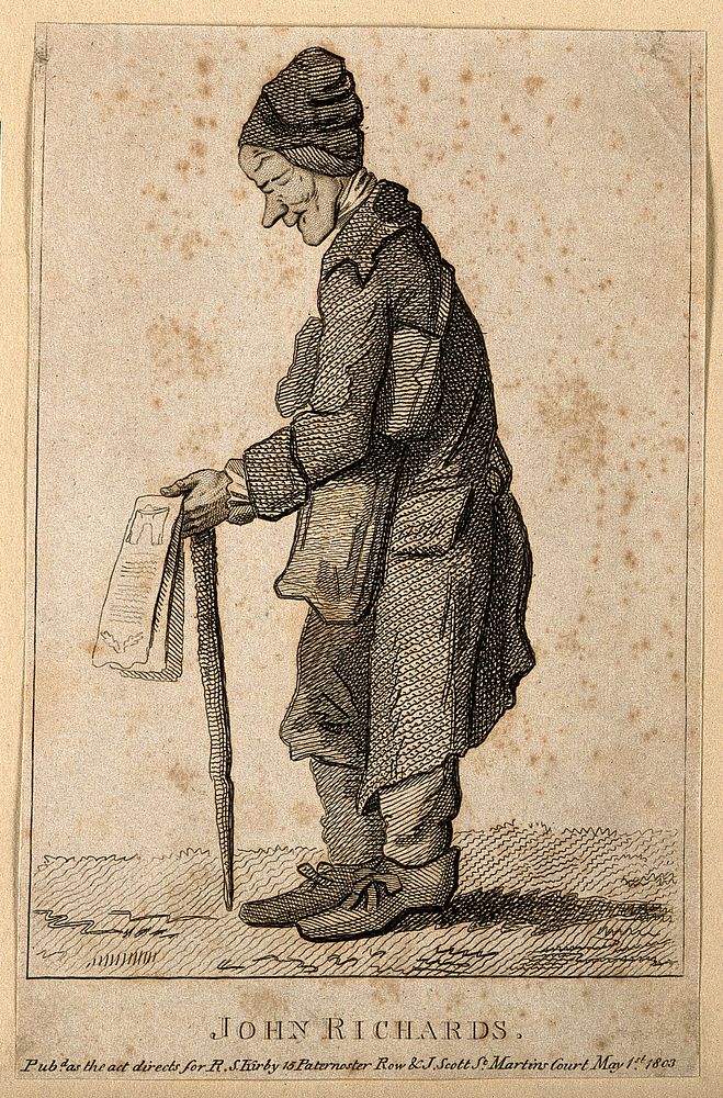 John Richards, a blind beggar. Etching, 1803, after J. Nixon.