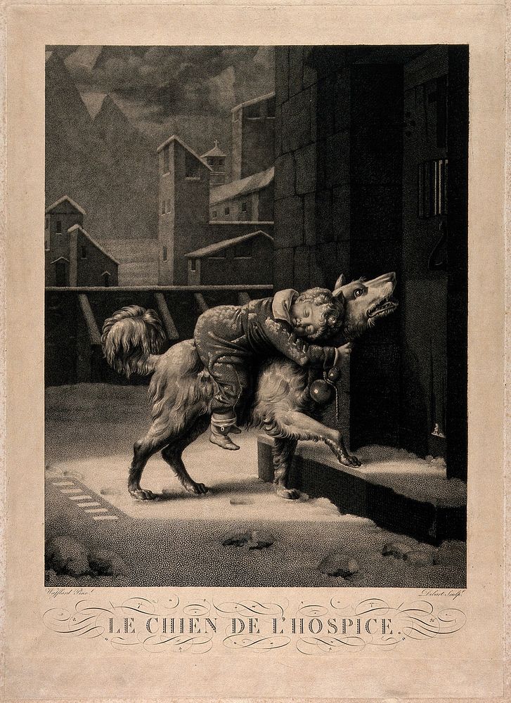 A St. Bernard dog brings an avalanche victim to a hospice in the Alps. Stipple engraving by Dibart Castel, 1820, after…