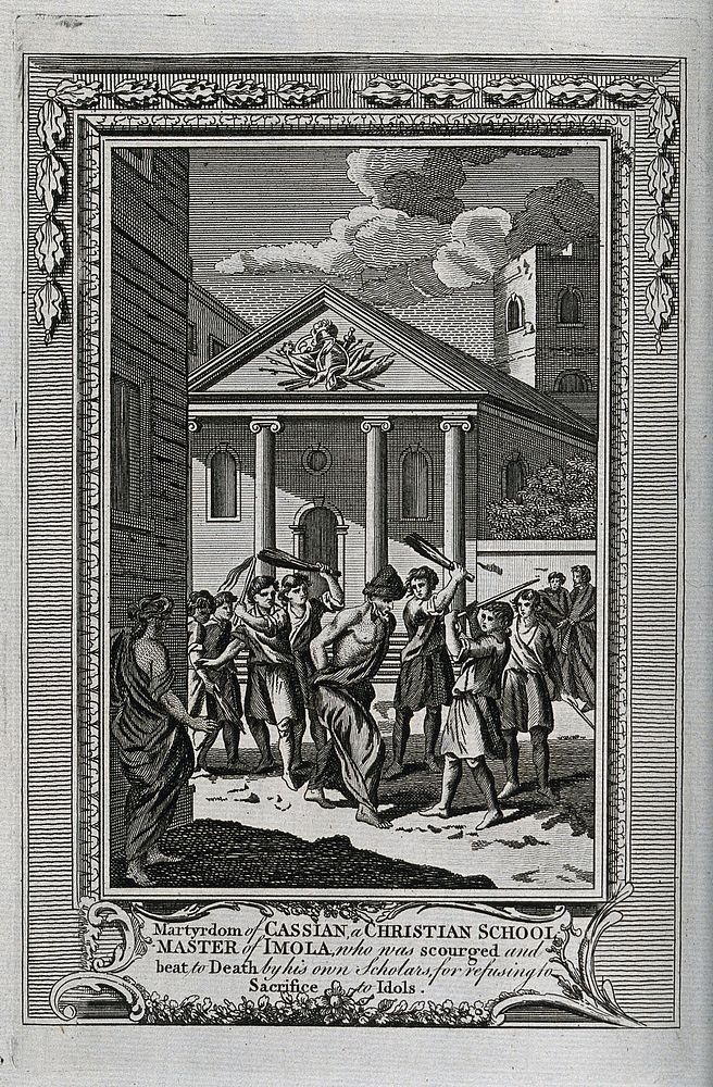 Martyrdom of Saint Cassian of Imola. Engraving.