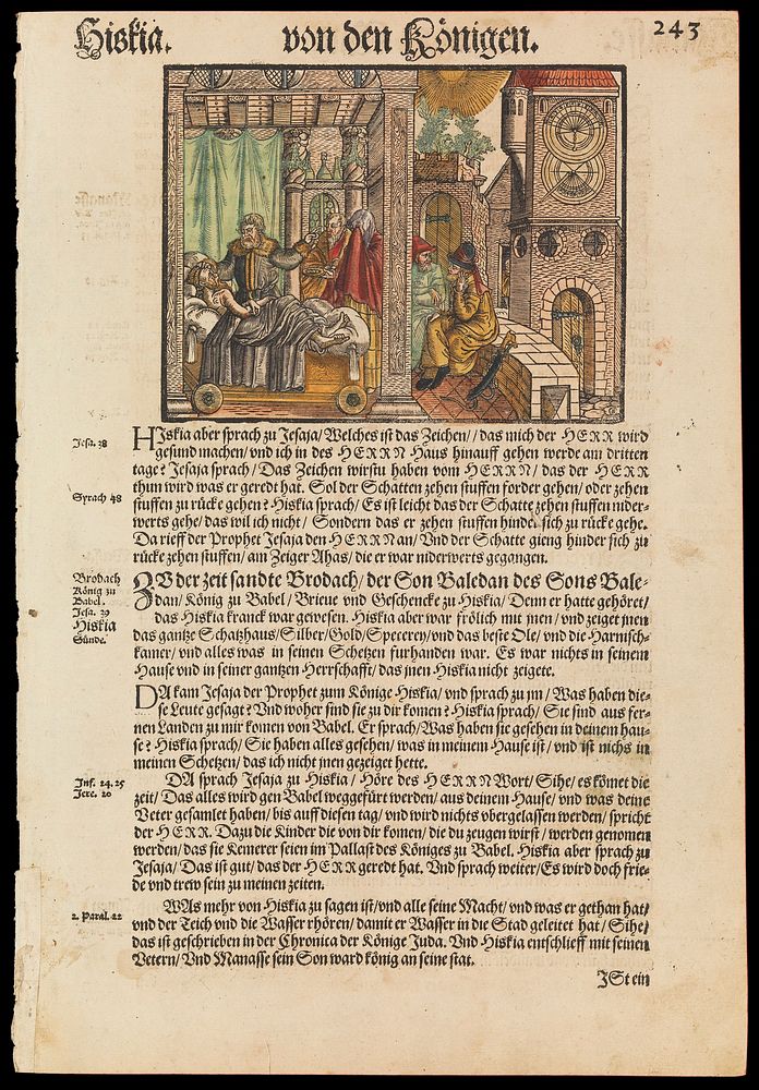 King Hezekiah on his sickbed asks Isaiah for a sign that he will recover. Coloured woodcut, 15--.