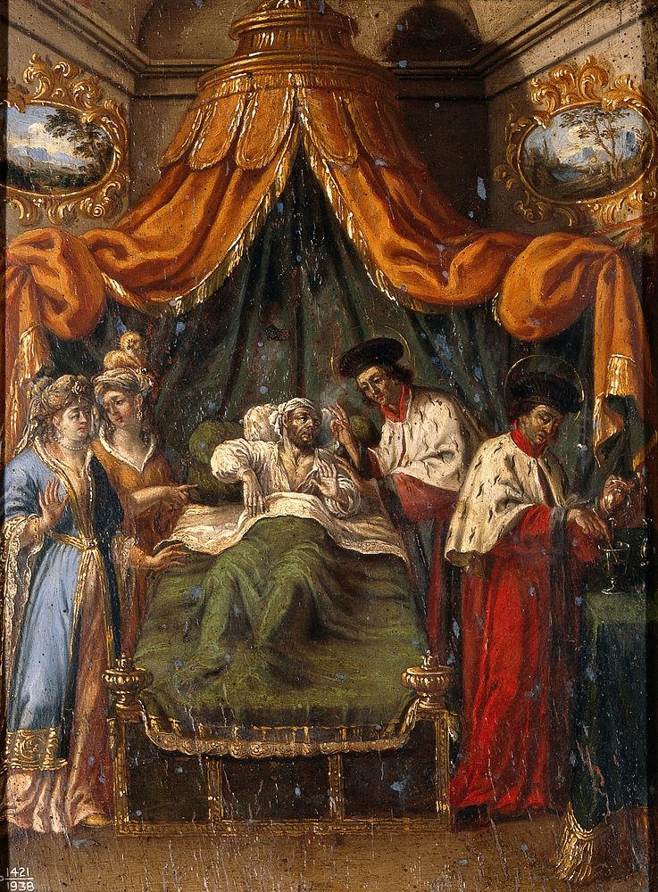 Saint Cosmas and Saint Damian attending to a patient. Oil painting by a Venetian painter, 18th century.