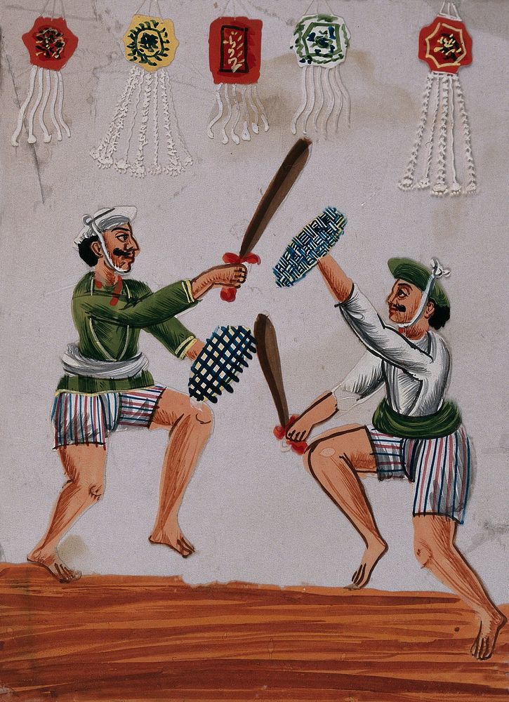 Two men engaged in a mock duel as part of the festivities. Gouache painting on mica by an Indian artist.
