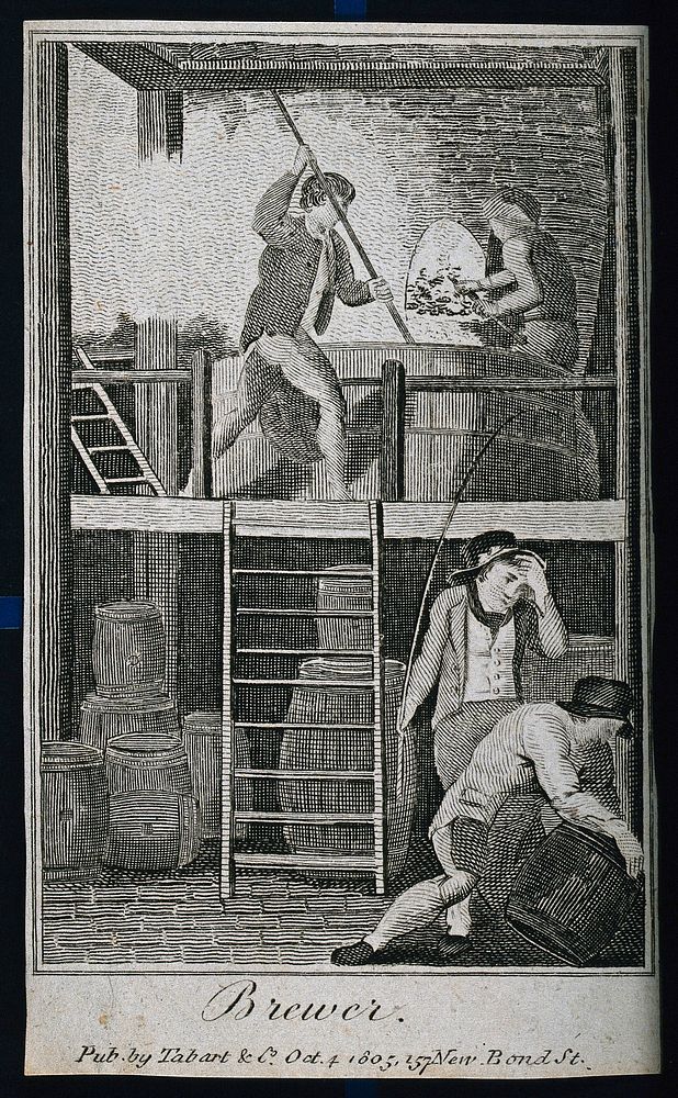 Four brewers at work. Engraving, c. 1805.