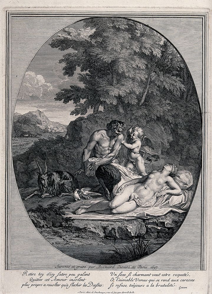 Cupid prevents a satyr from taking advantage of Venus as she sleeps. Etching by Bernard Picart after himself.