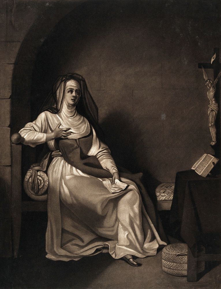 Héloïse as a nun in her cell contemplating the Holy Cross. Mezzotint by J.R. Smith, 1792.