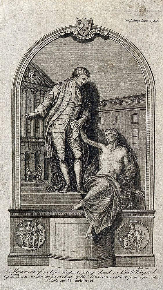 Thomas Guy. Line engraving by Cook, 1784, after F. Bartolozzi after J. Bacon, senior, 1779.
