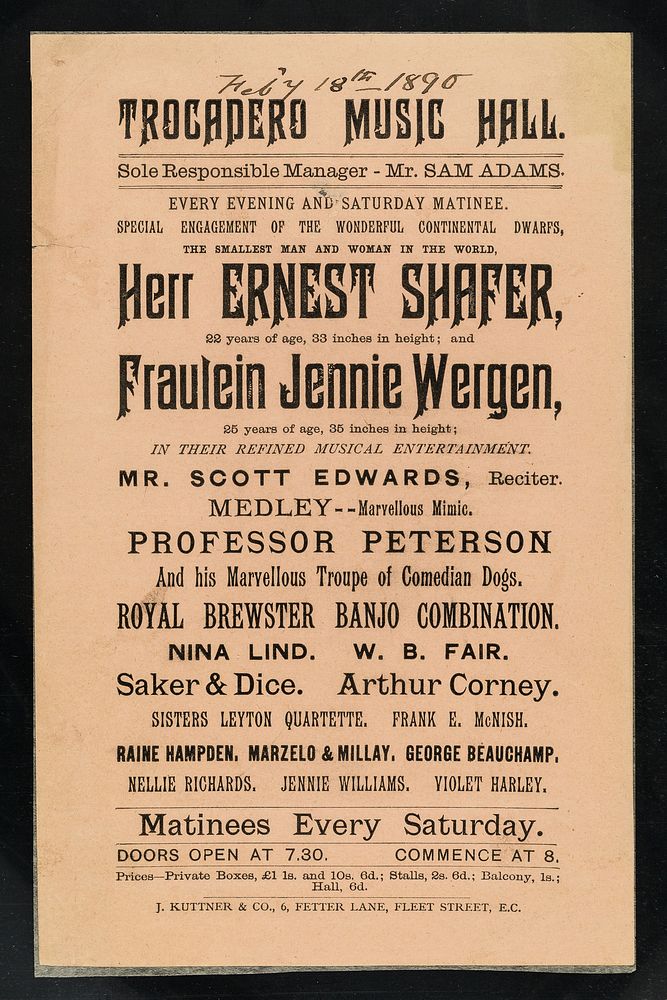 [Leaflet advertising appearances by Herr Ernest Schafer and Fraulein Jennie Wergen at the Trocadero Music Hall (18 February…