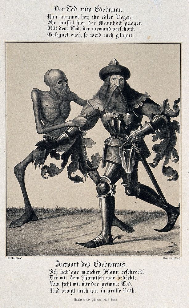 The dance of death at Basel: death and the nobleman. Lithograph by G. Danzer after H. Hess.