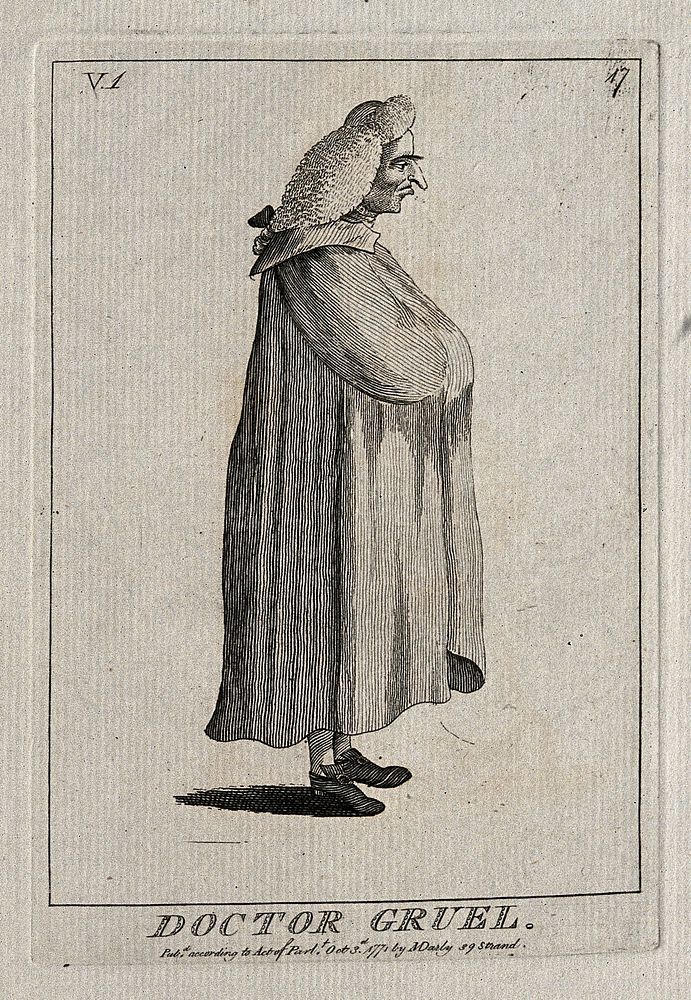 A disgruntled physician wearing a legal wig and gown. Etching, 1771.