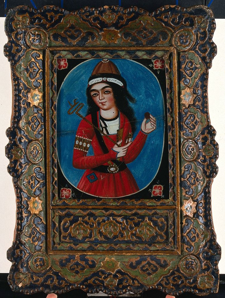 A young man holding a rod with a shaped end (sceptre) and a round object. Reverse glass painting by a Qajar artist, 182-.