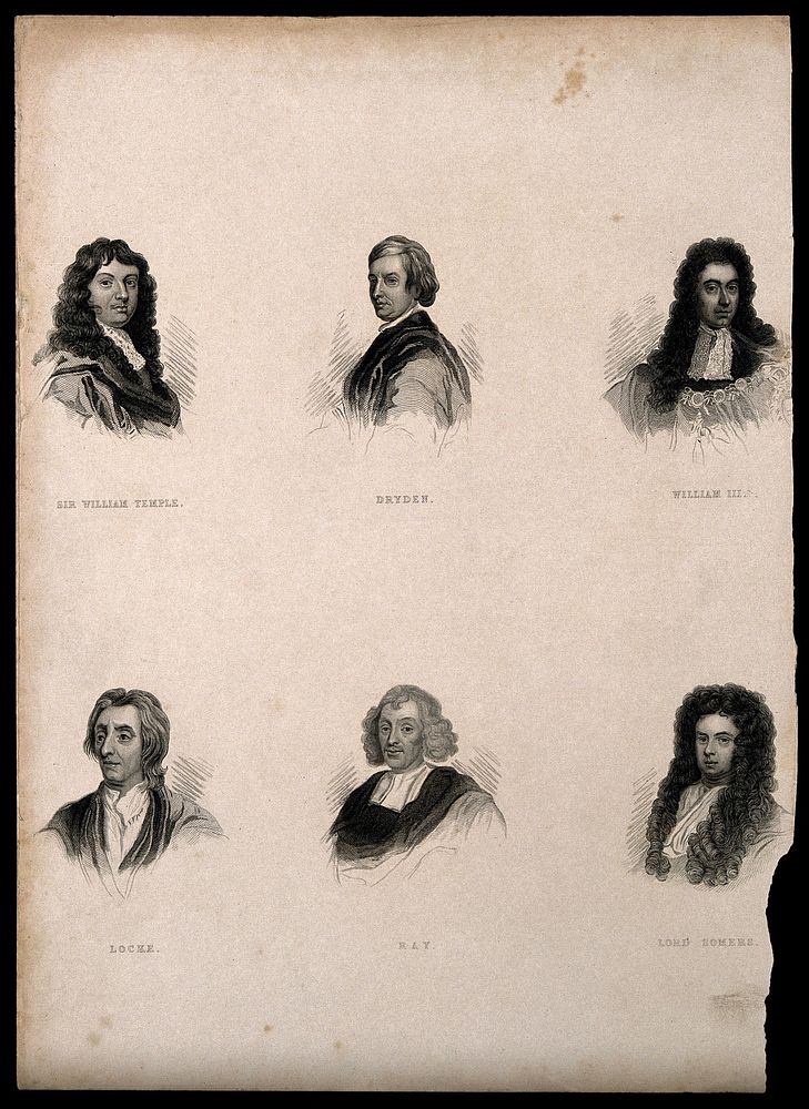 Six men of William III's reign in England. Engraving.