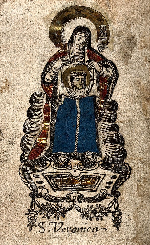 Saint Veronica. Engraving with cutouts, gold foil and blue cloth.