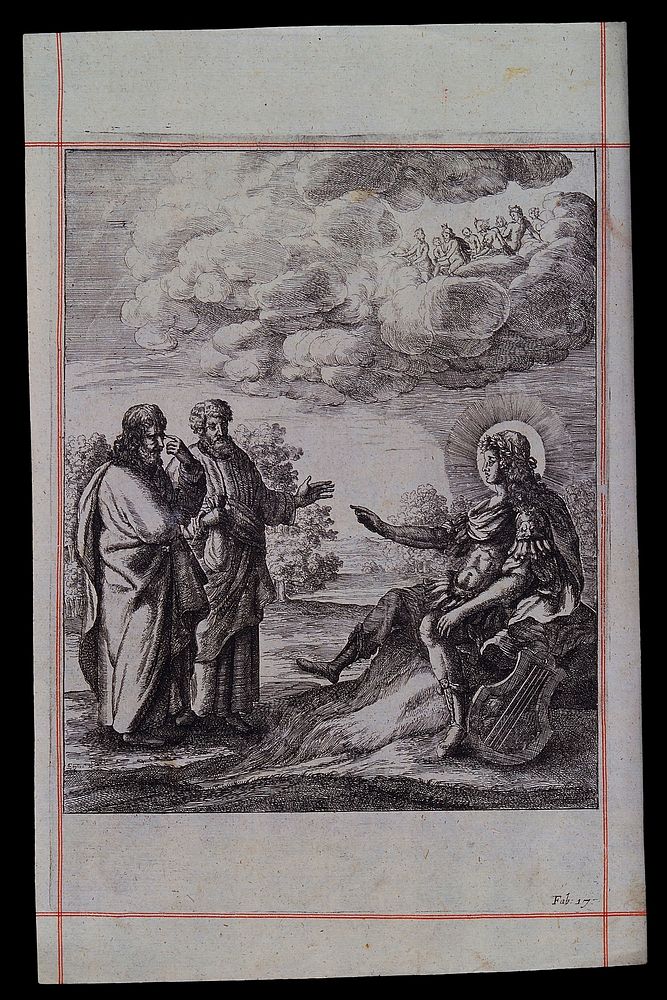 Apollo sits on a mound, his lyre beside him, and points with his right hand to two men who face him; illustration for a…