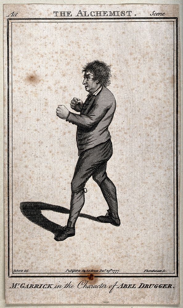 Abel Drugger, from Ben Jonson's 'The alchemist', in a posture of combat. Engraving by J. Thornthwaite, 1777, after Roberts.