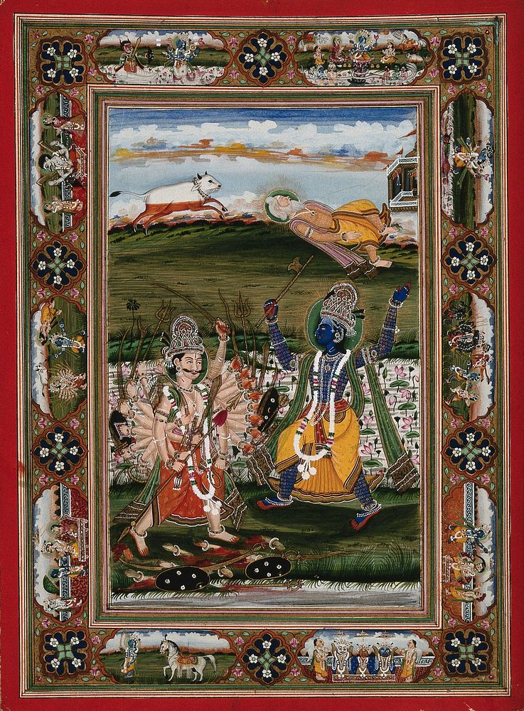 Vishnu in his incarnation as Parasurama, a Brahman (priest) in battle with Kartavirya, a Kshatriya king, to prove the…