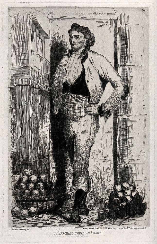 A man selling oranges in Madrid. Etching by C. Allard-Cambray, 1868.