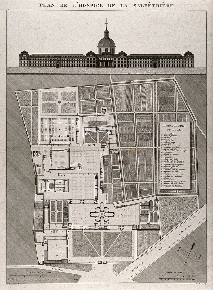 Hôpital de la Salpêtrière, Paris: including a detailed numbered plan. Line engraving by J.E. Thierry after E. Poulet…