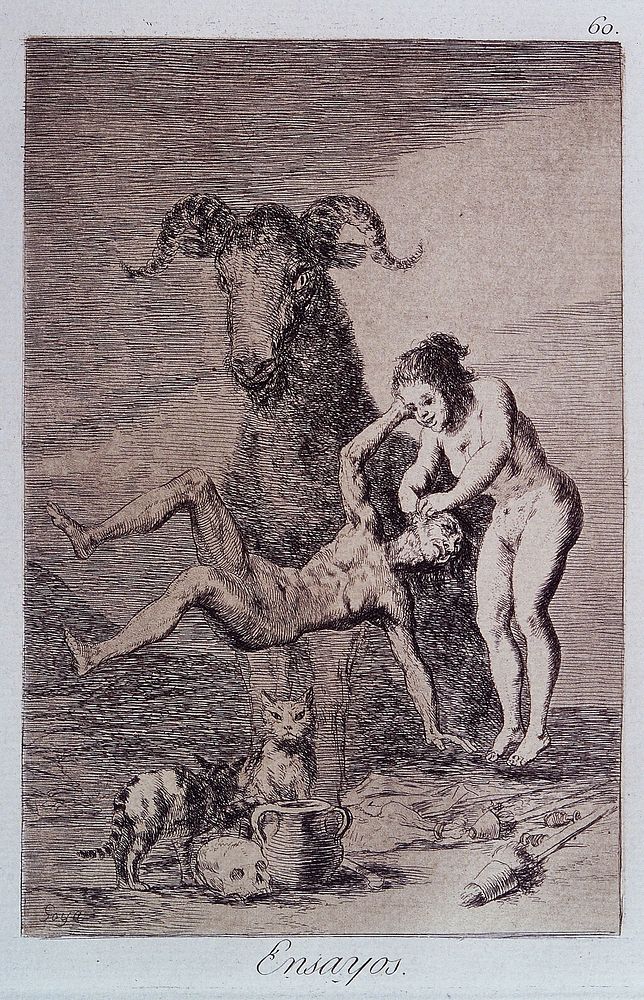 A couple hovering off the ground being observed by a huge goat with two cats. Etching by F. Goya, 1796/1798.