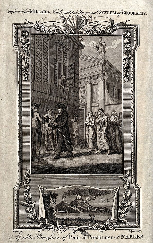 Prostitutes being led through the streets of Naples watched by men from the side and from a window. Engraving by Collyer…