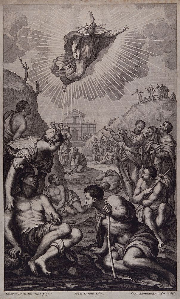 Saint Augustine of Hippo healing the sick. Engraving by G.A. Lorenzini after F. Petrucci after J. Robusti, il Tintoretto.