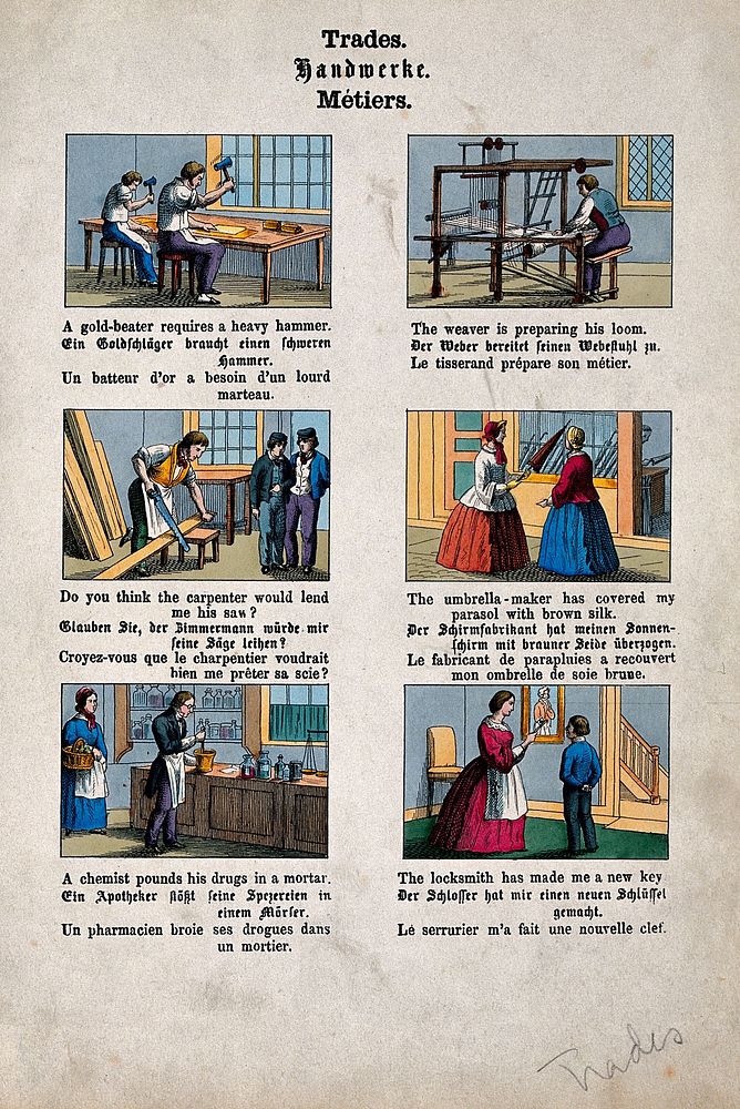 Six different trades: gold-beating, weaving, carpentry, umbrella-making, pharmacy and locksmithing. Coloured etching.