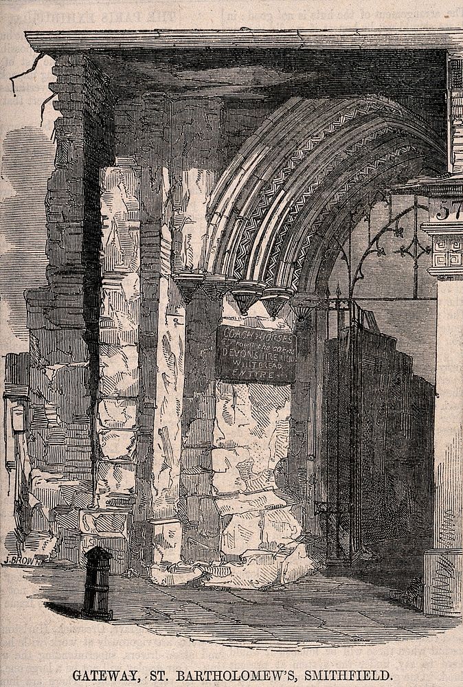 St Bartholomew the Great, London: the western entrance, in a ruined state. Wood engraving by J. Brown.