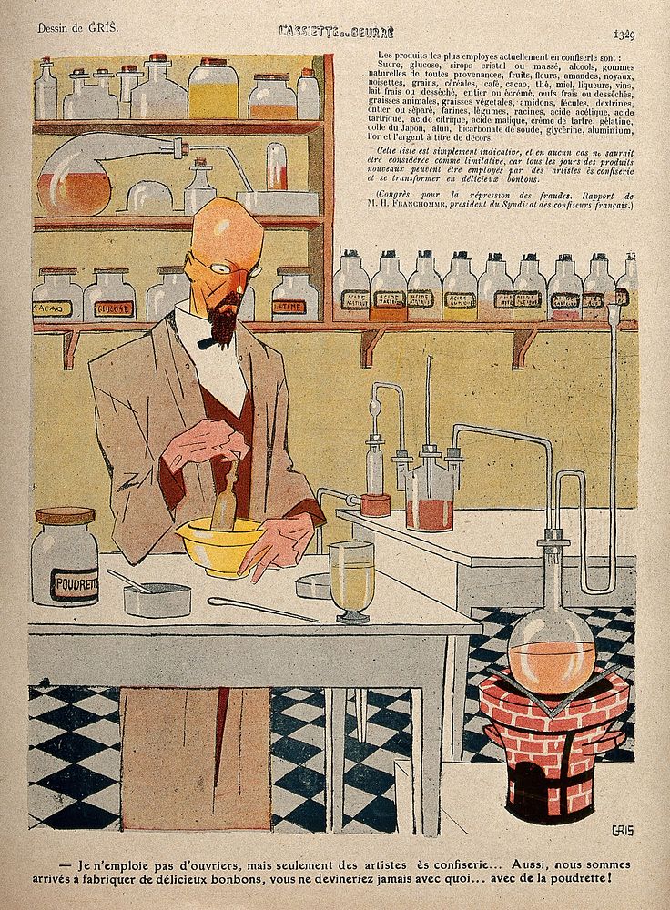 A chemist making confectionery in a laboratory; various bottles of acid in the background. Colour lithograph after Gris, 23…
