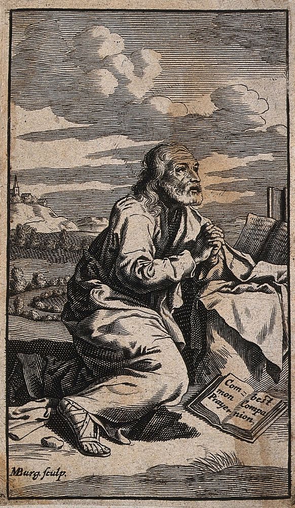 Saint Francis of Assisi  in the wilderness, kneeling and praying. Engraving by M. Burghers.