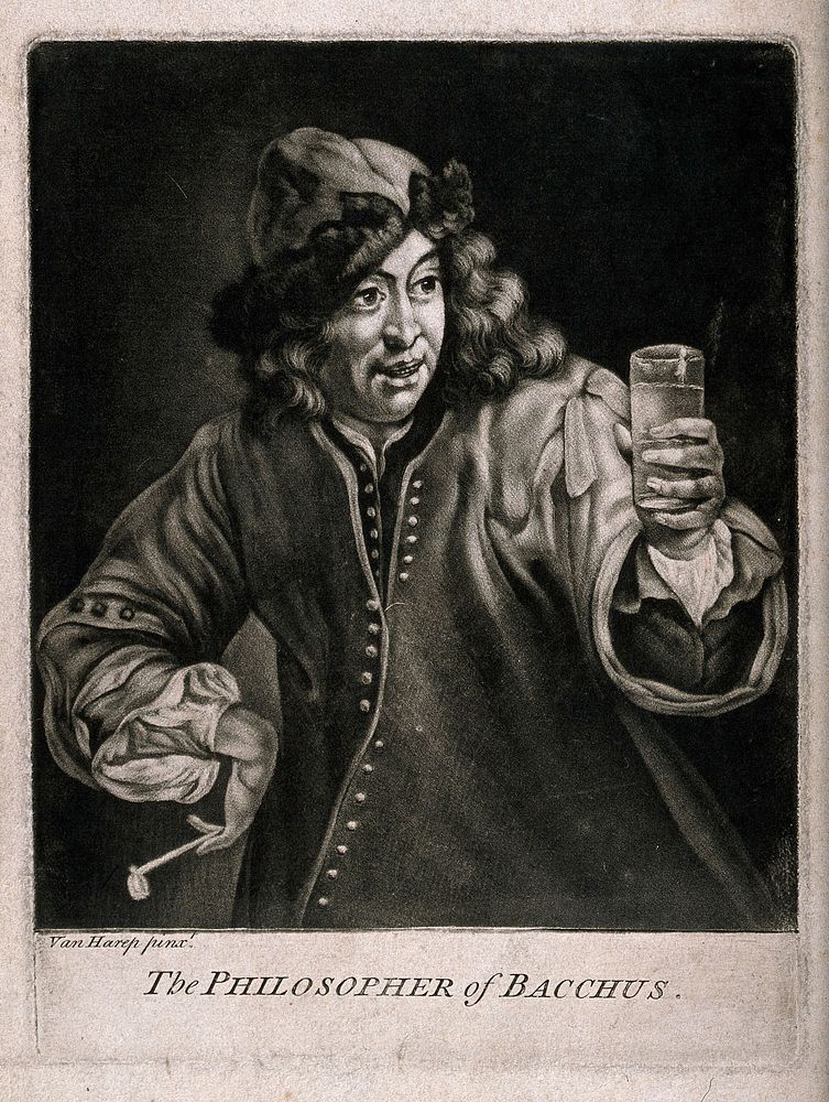 A man in a fur cap holding a drinking glass in one hand and a pipe in the other. Mezzotint after G. van Herp , mid 17th…