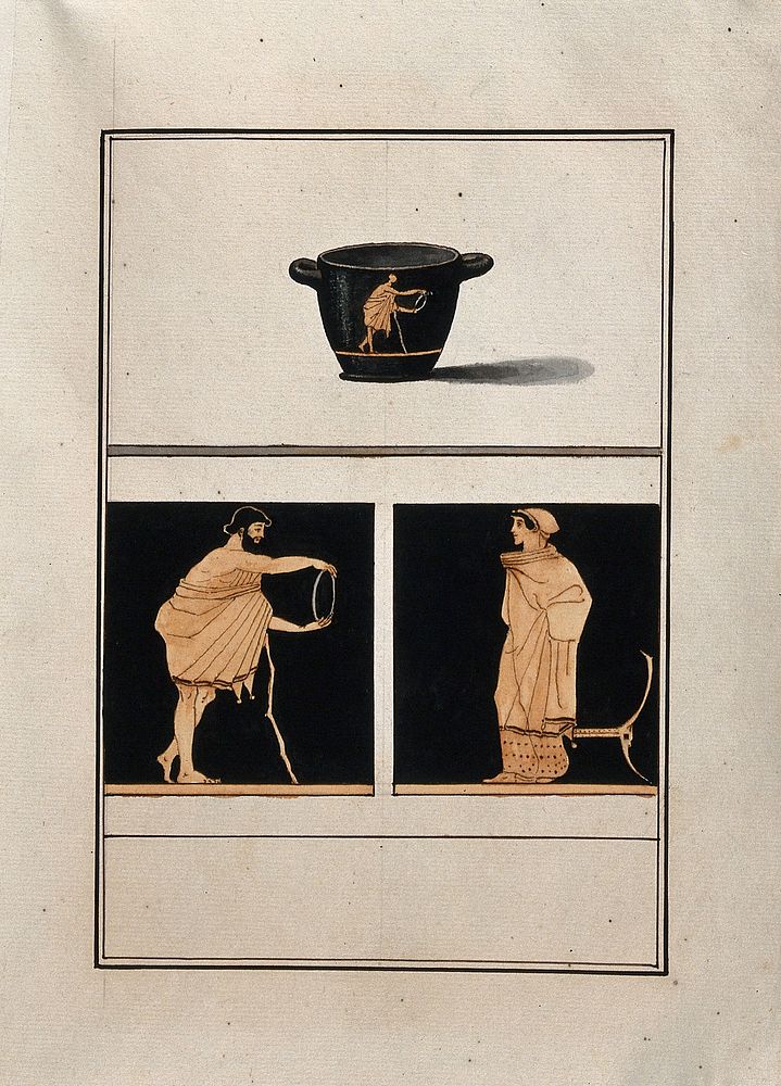 Above, red-figured Greek drinking cup (skyphos) with horizontal handles; below, detail of decoration showing a man holding a…