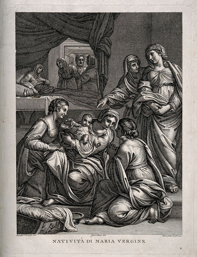 The birth of the Virgin Mary, Anna rests in bed while Mary is looked at in wonderment. Engraving by B. Eredi after G.…