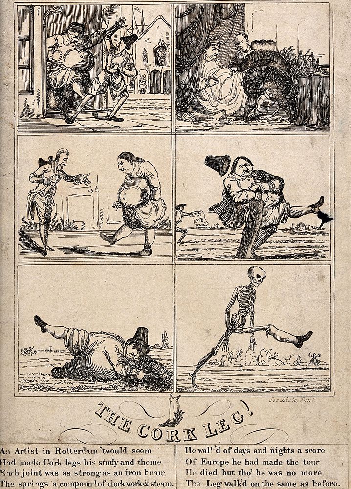 Six scenes narrating the fate of a cork leg, the invention of a Dutch artist. Etching by Joe Lisle.
