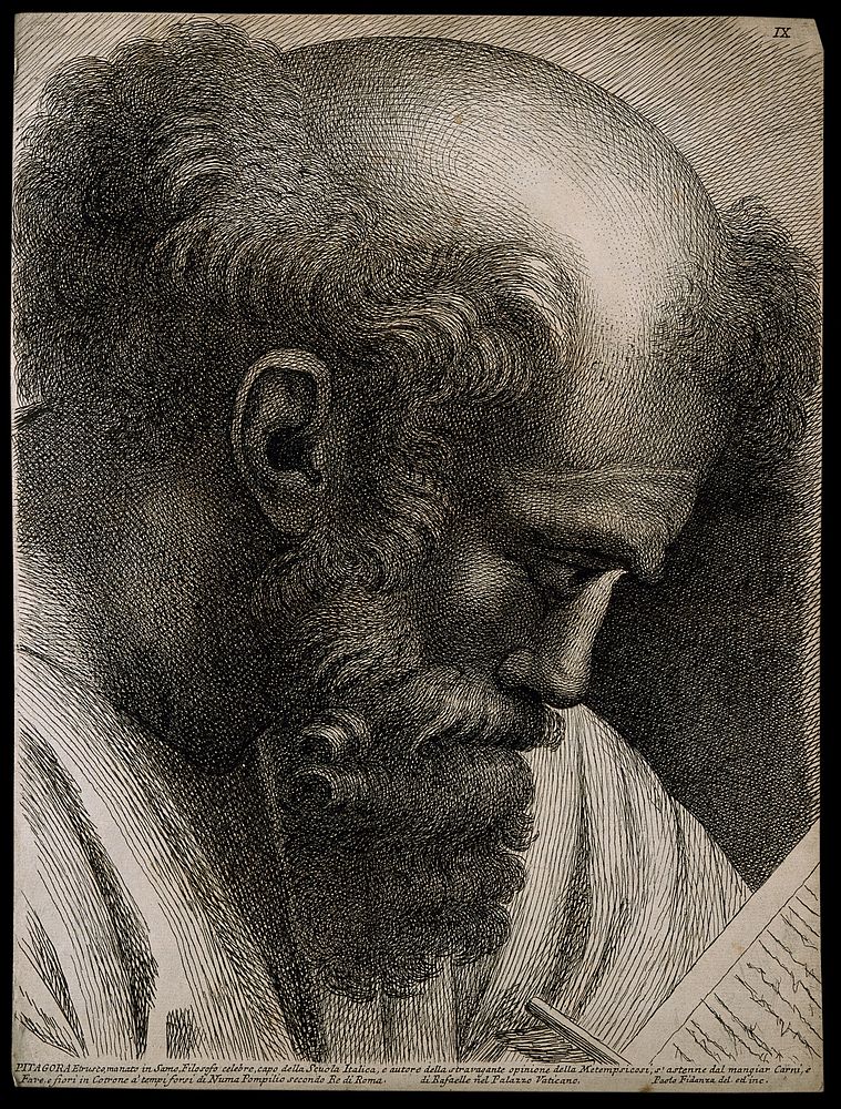 Pythagoras. Etching by P. Fidanza after Raphael.