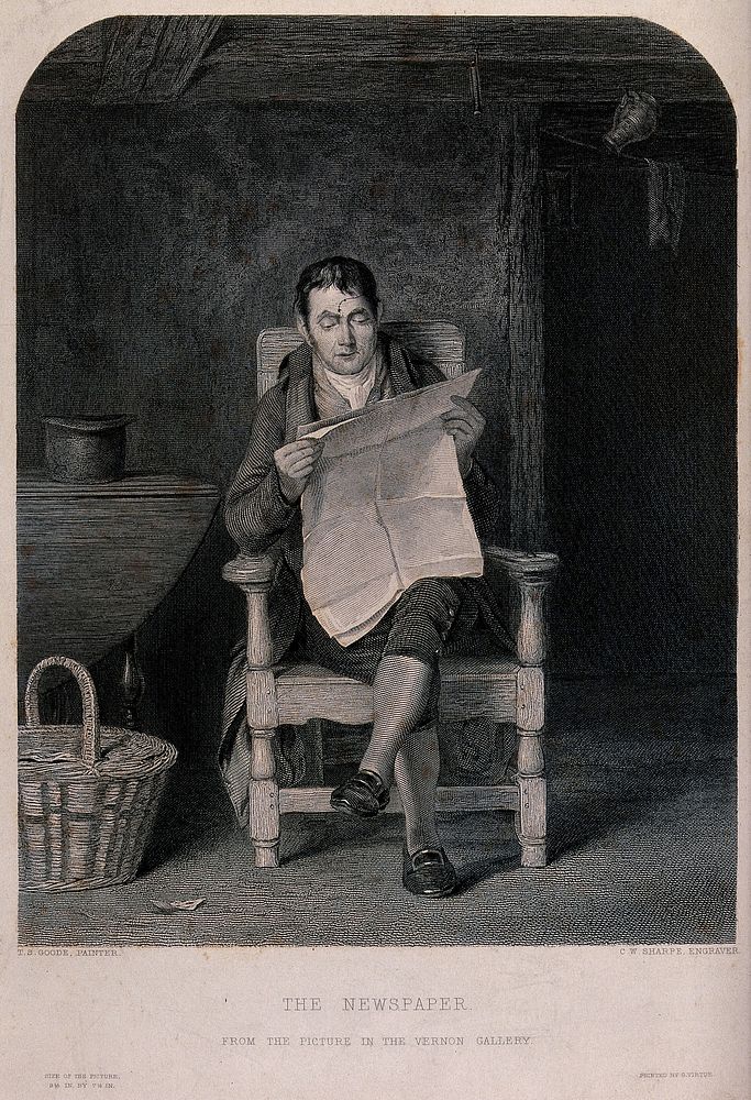 A man is sitting in a large chair reading a newspaper. Engraving by C.W. Sharpe after T.S. Goode.