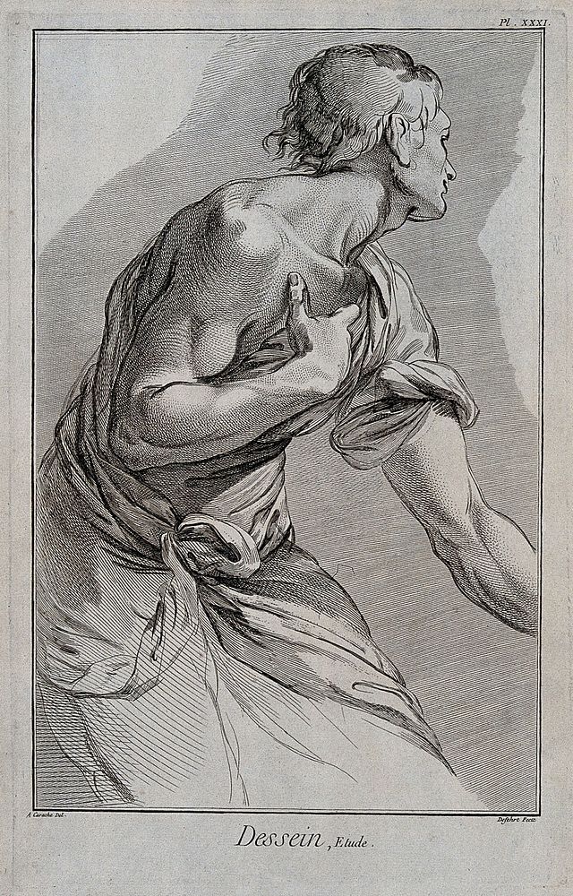 A young draped man looking backwards. Engraving by Defehrt after A. Carracci.